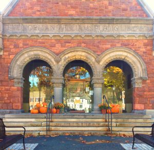 Front of library with pumpkins!