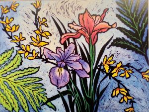 Iris and Forsythia, hand-colored print