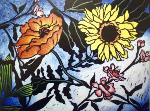 Poppy Sunflower, hand-colored print