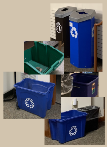 collage of recycling bins
