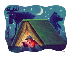 Child reading in a tent