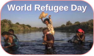 World Refugee Day with photo of refugees crossing a river