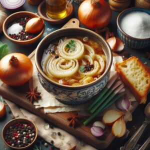 bowl of soup with onions & other ingredients