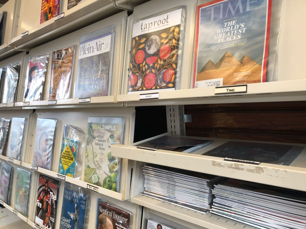 The magazine wall at Norman Wiliams Public Library