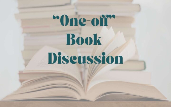 One-off Book Discussion logo - pile of books