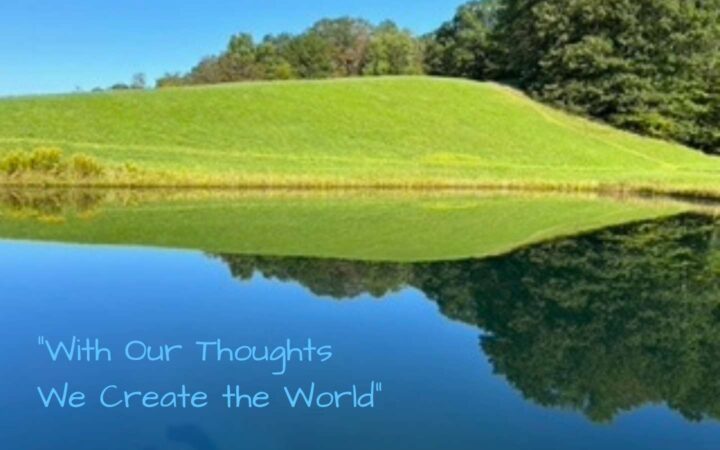 Pond & green hillside with quote: 