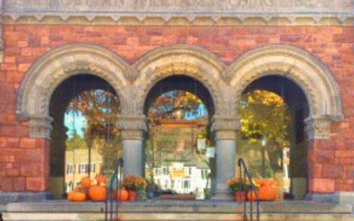 Library front porch with pumpkins