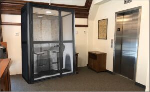 photo sketch of privacy pod in library