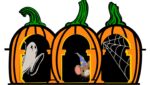 3 pumpkins, cobwebs, a mouse wizard & a ghost in the library arches