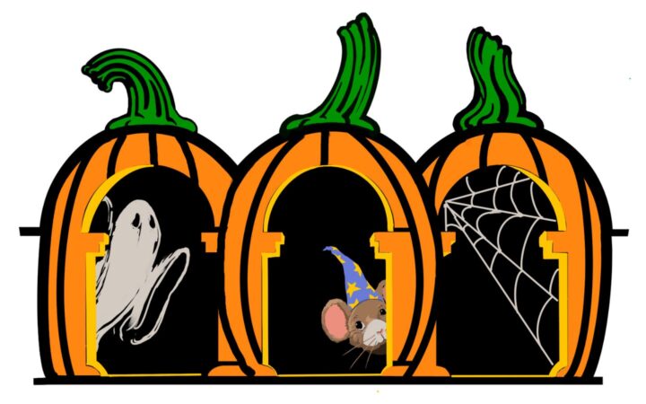 3 pumpkins, cobwebs, a mouse wizard & a ghost in the library arches