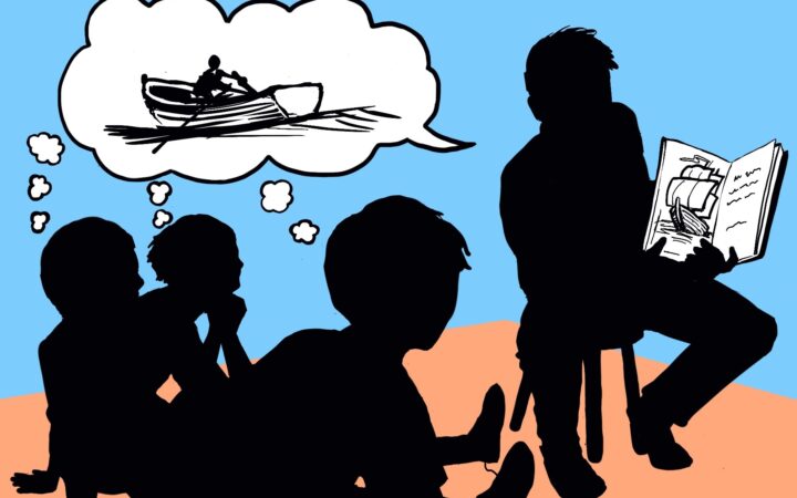 silhouettes of figures at story time (A Tans artwork)