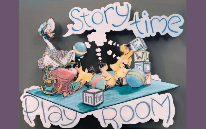 Mother Goose illustration says Story Time in the Play Room