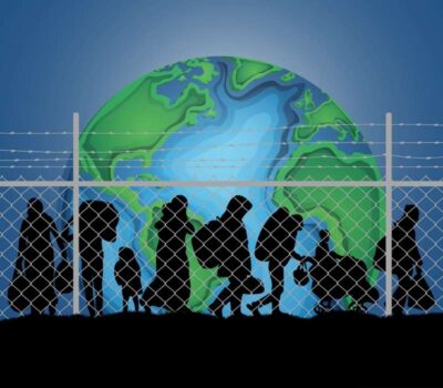 image of globe with refugees & fence