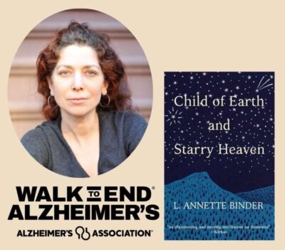 L Annette Binder w book cover & Walk to End Alzheimer's logo