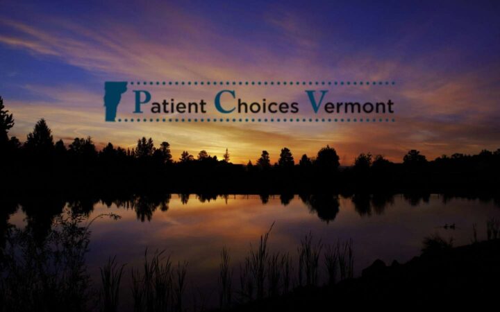 Patient Choices Vermont logo on photo of sunset by lake