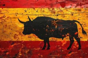 Black bull painted on a yellow & red backdrop
