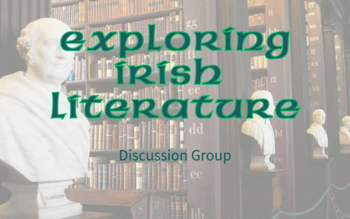Exploring Irish Literature logo with library shelves in the background