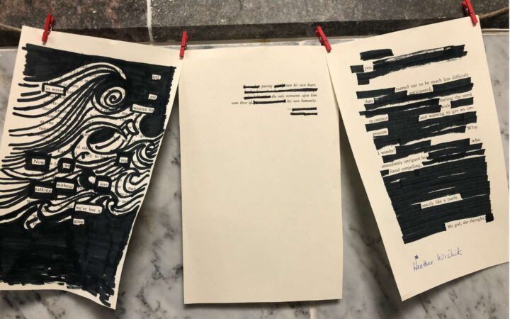words blacked out to create a poem on 3 sheets