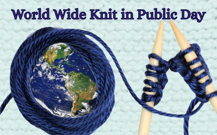 World Wide Knit in Public Day - yarn, globe & knitting needles