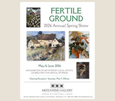 Fertile Ground poster with 4 images: pussy willows, white barn, frosted leaves, young raccoon