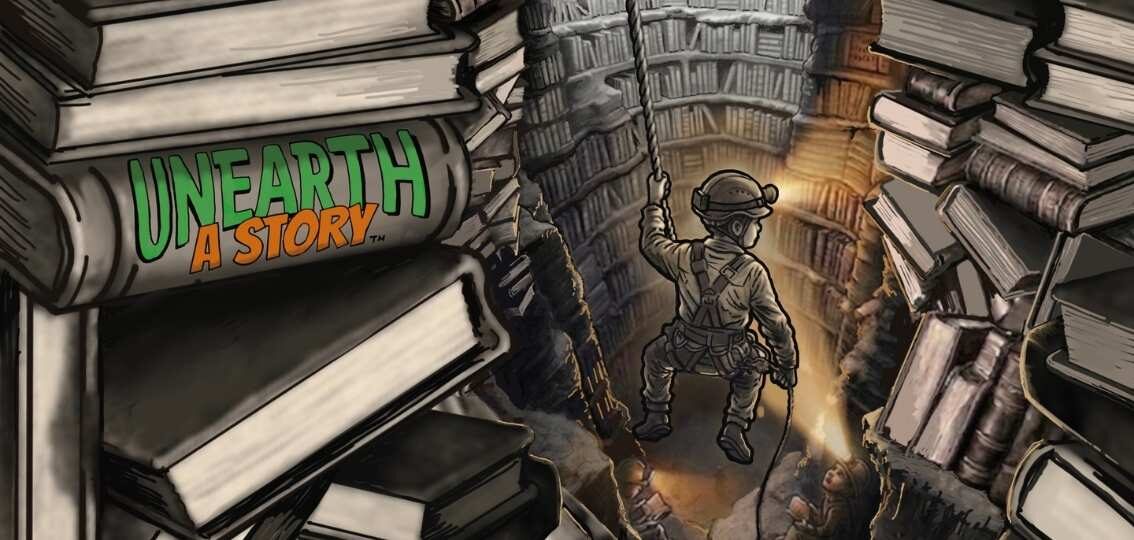 drawing of children exploring library/cave with headlamp