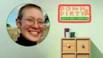 Kris Harmelink with Down & Dirty logo and small cabinet with mugs