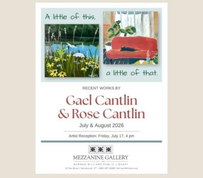 Cantlin poster with an image of lake & flowers and a painting of a black cat on a red couch 