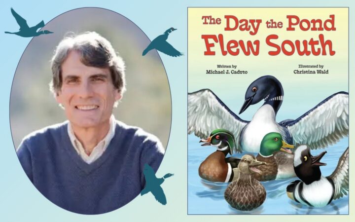 Michael Caduto & book jacket with 5 ducks