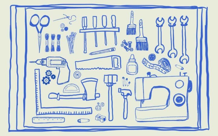 sketch with lots of tools: scissors, screwdrivers, saws, drills, etc