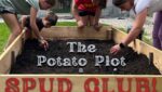4 kids planting in a raised garden