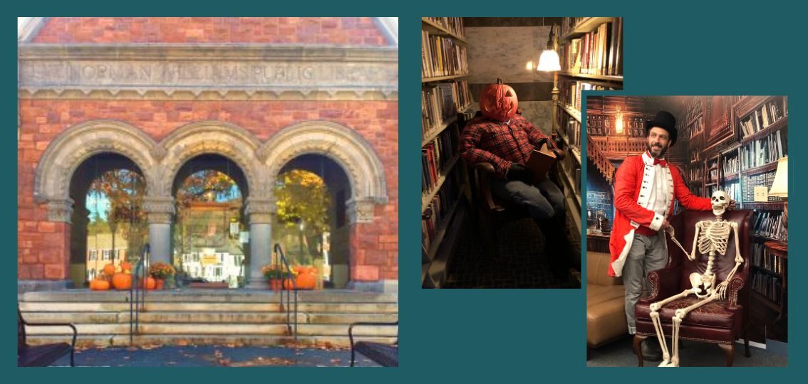 montage of photos of library front with pumpkins; pumpking head in stacks & Adrian w skeleton at SBOOKY Library