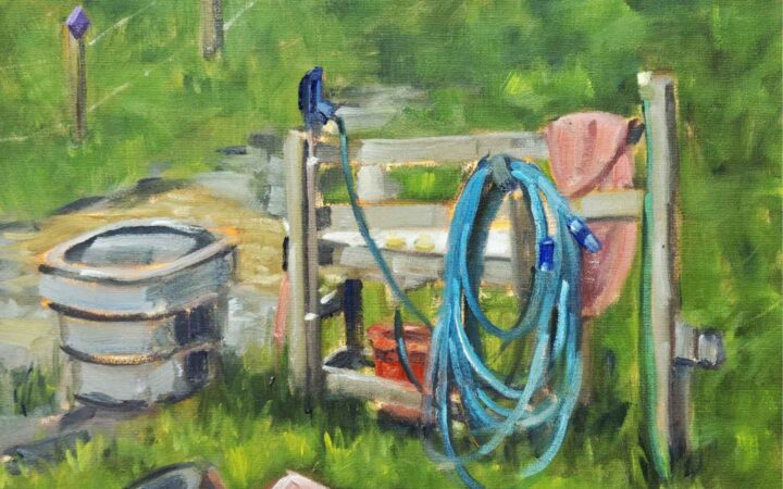 oil painting of outdoor washstation by Rae Newell