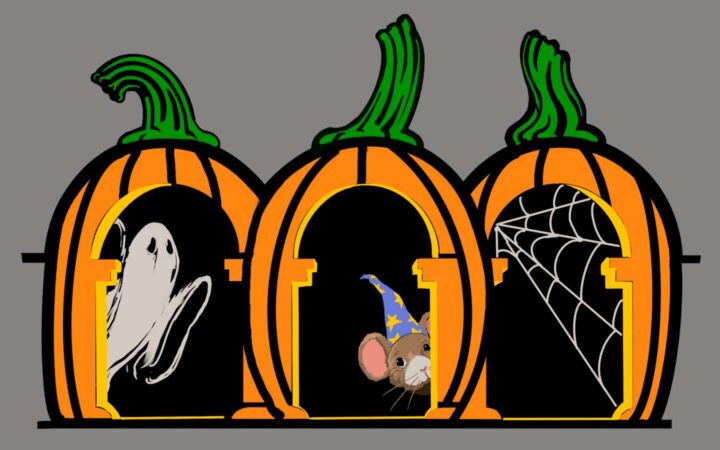 SBOOKY Library logo - 3 pumpkins with a spiderweb, wizard & mouse